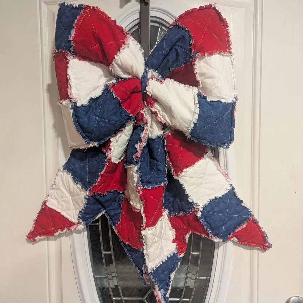 Handmade Patriotic Rag Quilt Door Bow - Picture 2 of 7